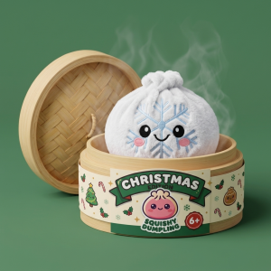 Snowflake Dumpling Squishy Vinter i sin bambu-ångkorg
