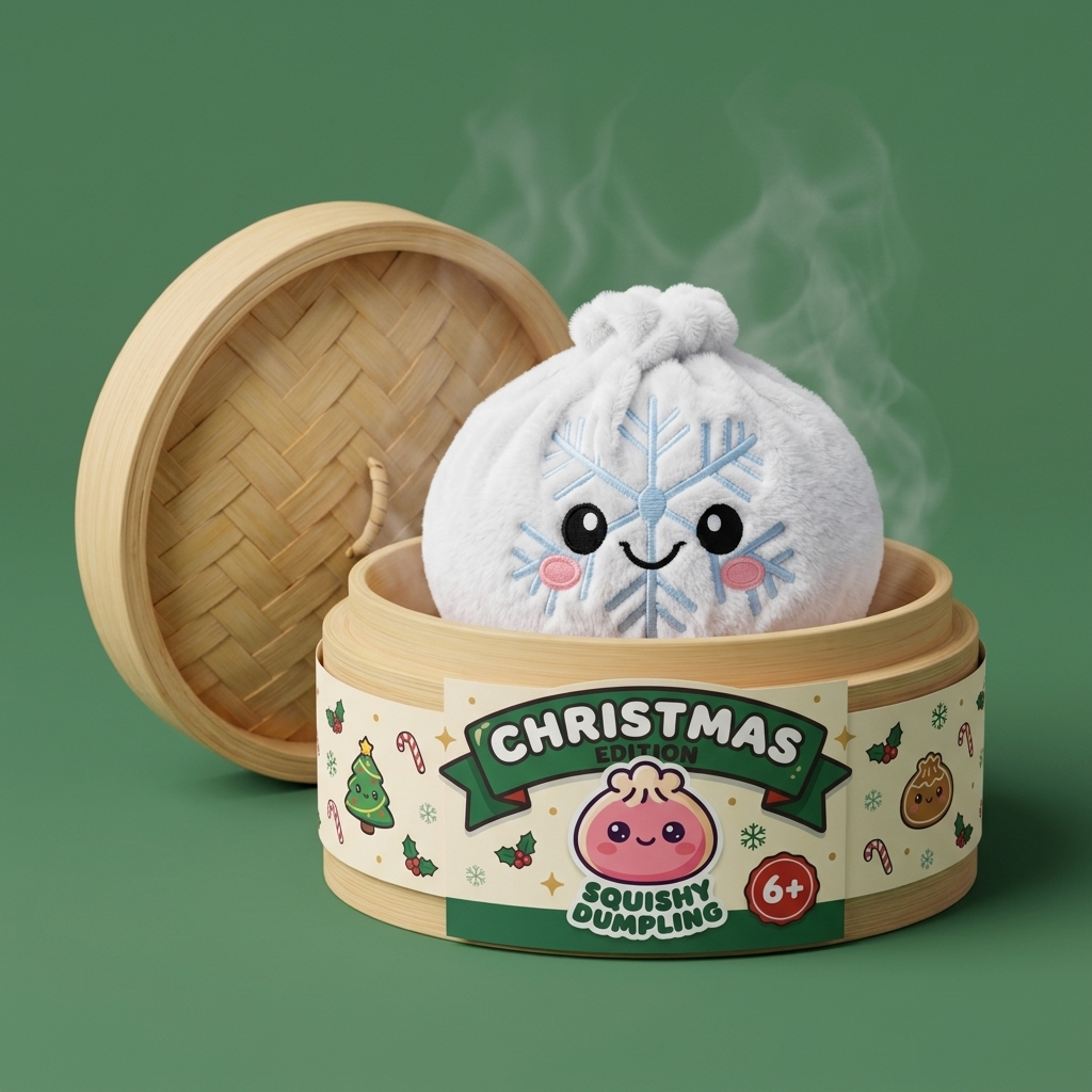 Snowflake Dumpling Squishy Vinter i sin bambu-ångkorg