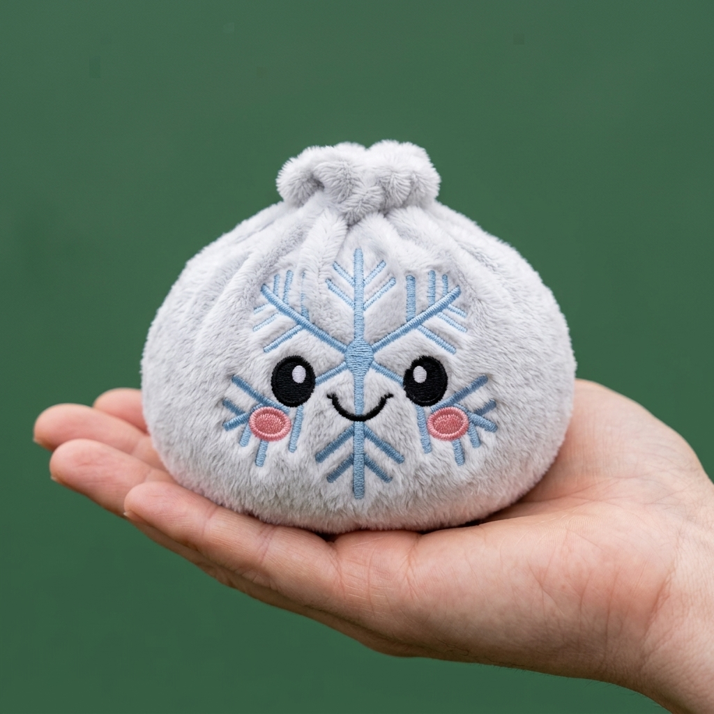 Snowflake Dumpling Squishy Vinter i handen, verklig storlek