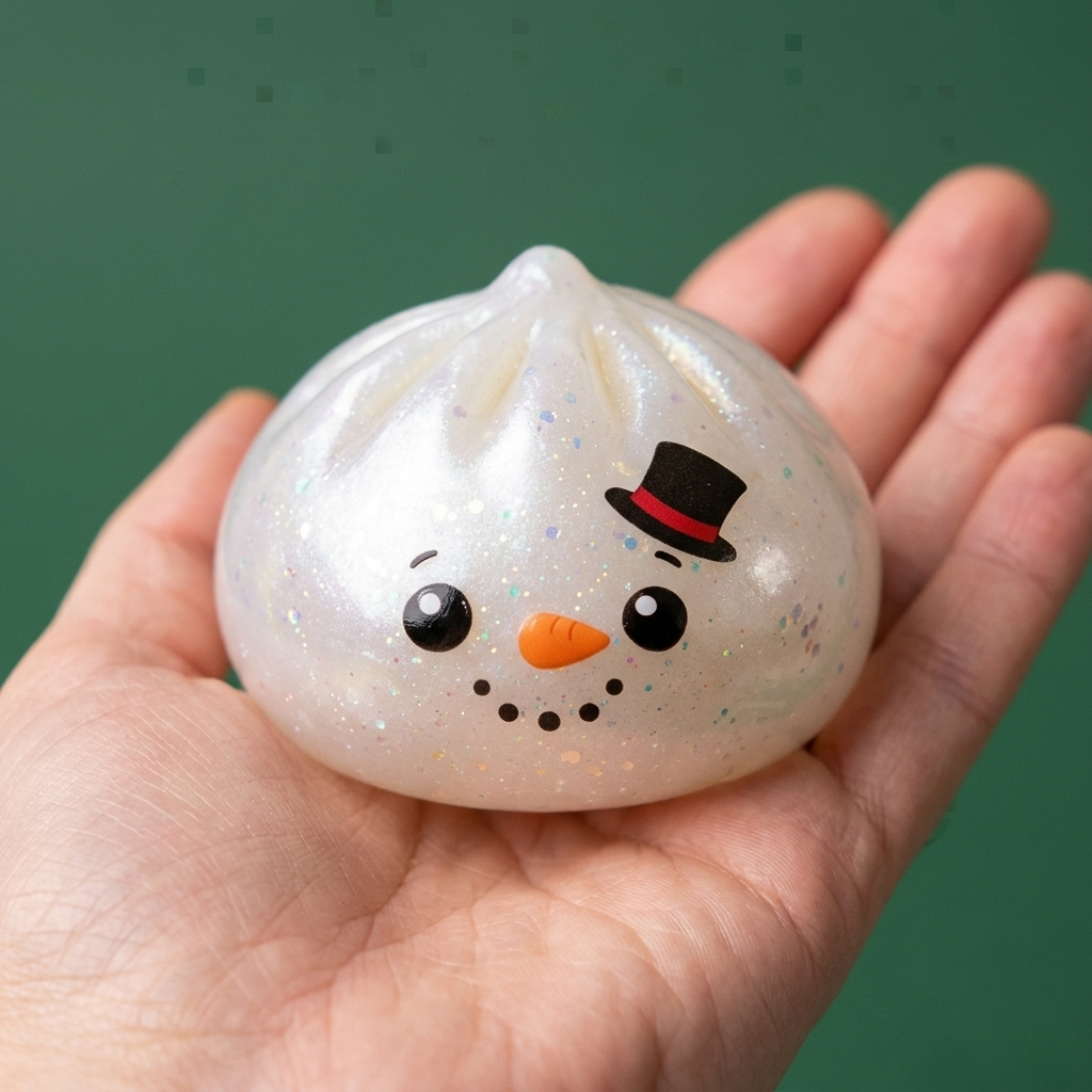 Glitter Snowman Dumpling Squishy Jul i handen, verklig storlek