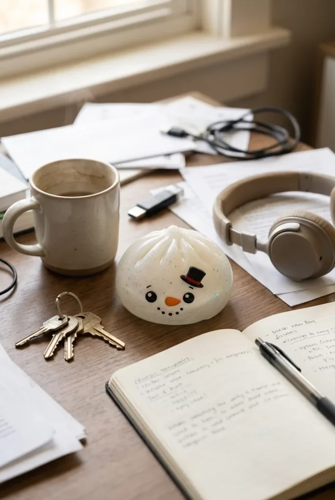 Glitter Snowman Dumpling Squishy Jul på skrivbordet