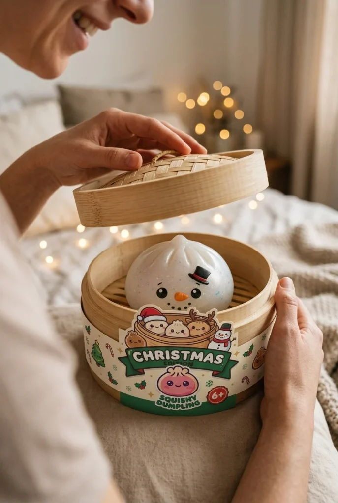 Glitter Snowman Dumpling Squishy Jul i unboxing-ögonblicket