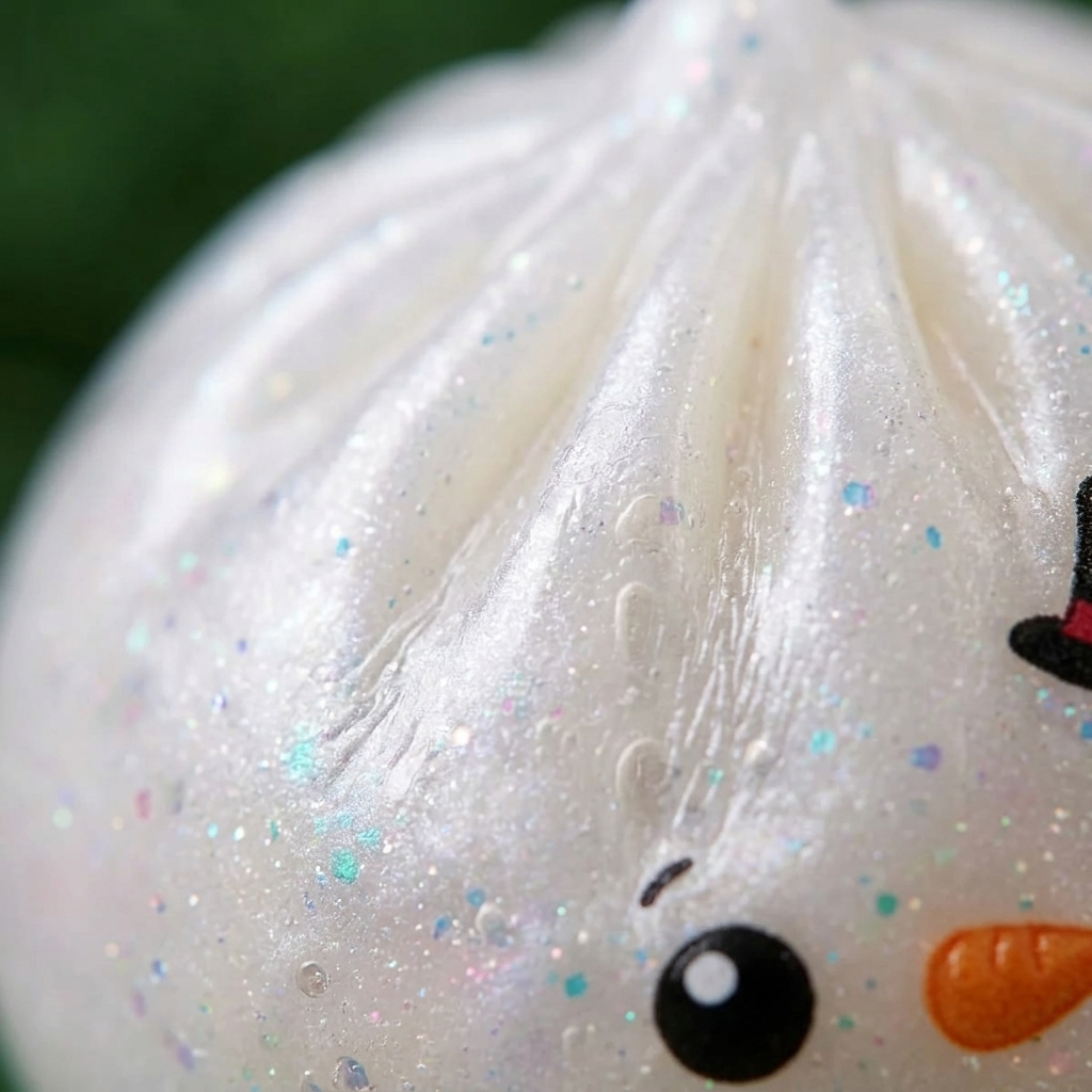 Glitter Snowman Dumpling Squishy Jul — närbild på strukturen