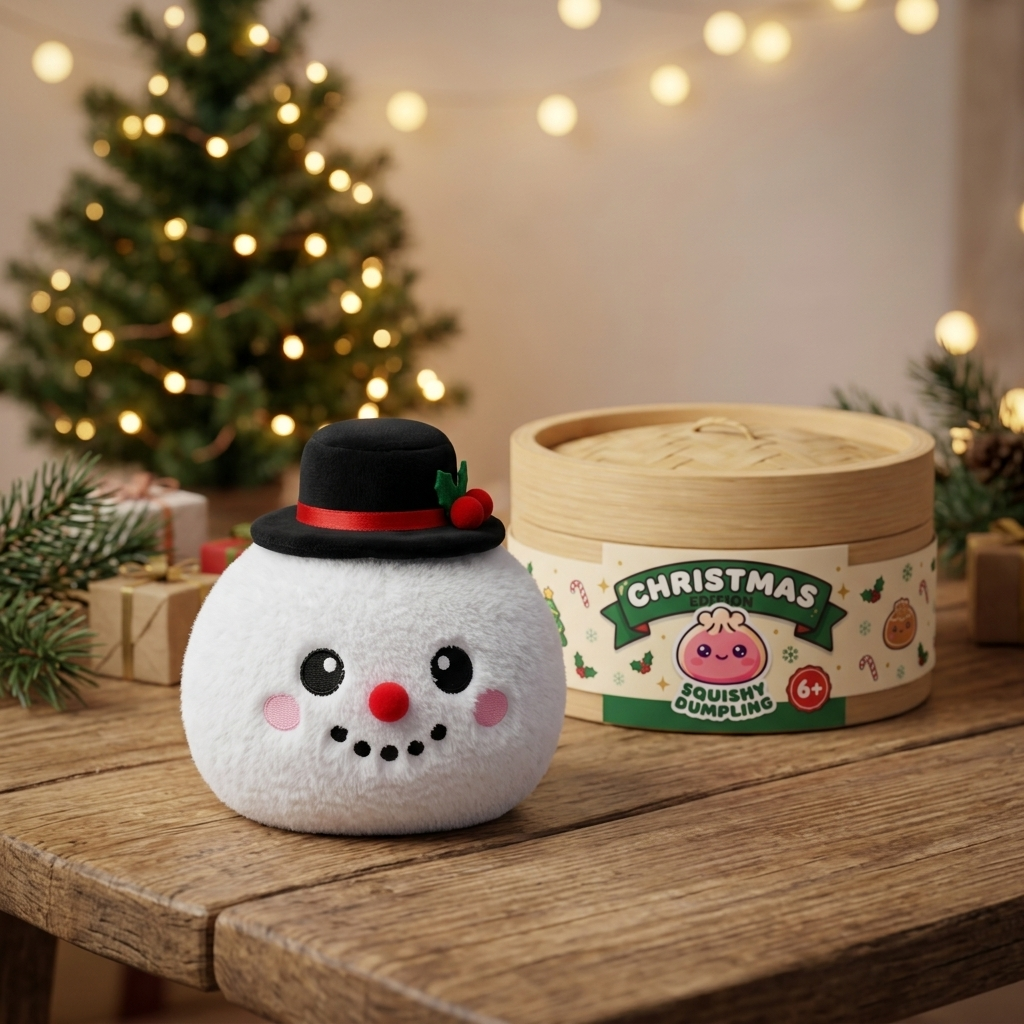 Squishy Dumpling Snögubbe Topphatt i sin kawaii-miljö