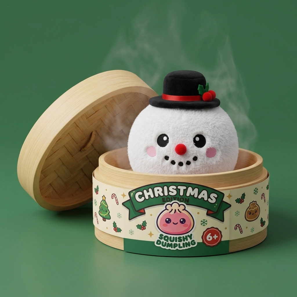 Squishy Dumpling Snögubbe Topphatt i sin bambu-ångkorg