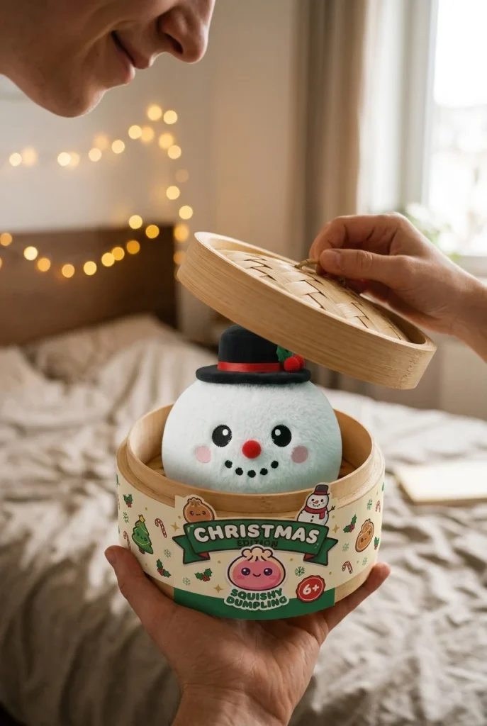 Squishy Dumpling Snögubbe Topphatt i unboxing-ögonblicket
