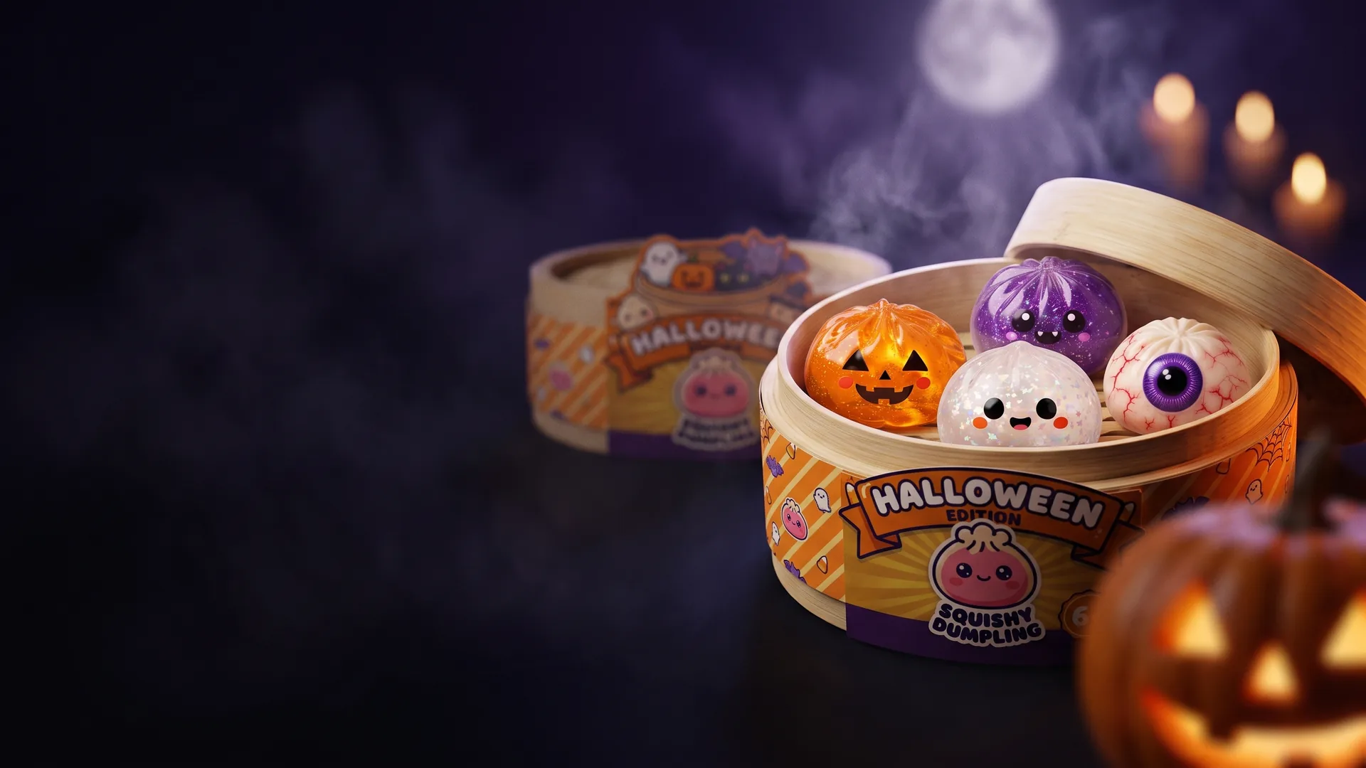 Halloween-squishies i sina ångkorgar, bland pumpor och ljus