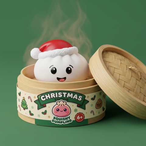 Christmas Hat Dumpling Squishy Vit i sin bambu-ångkorg