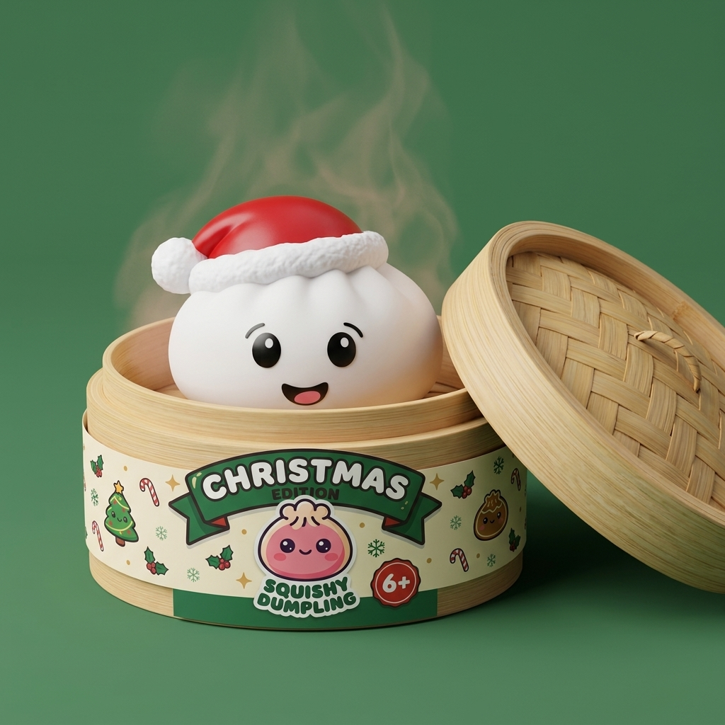 Christmas Hat Dumpling Squishy Vit i sin bambu-ångkorg