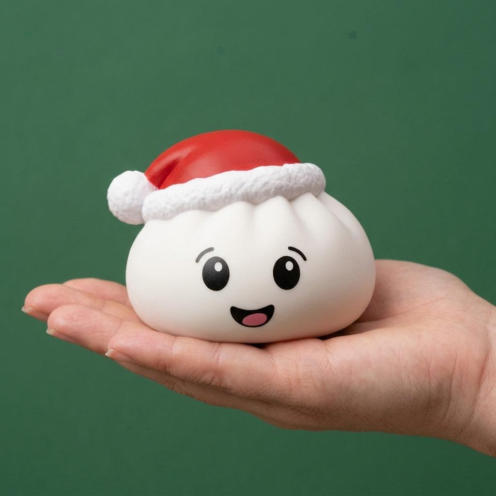 Christmas Hat Dumpling Squishy Vit i handen, verklig storlek