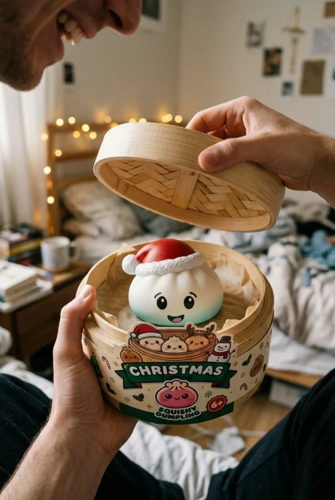 Christmas Hat Dumpling Squishy Vit i unboxing-ögonblicket