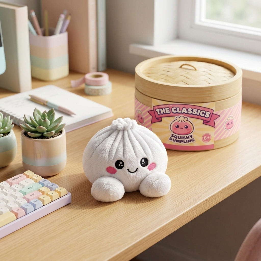 Squishy Dumpling Plush Vit i sin kawaii-miljö