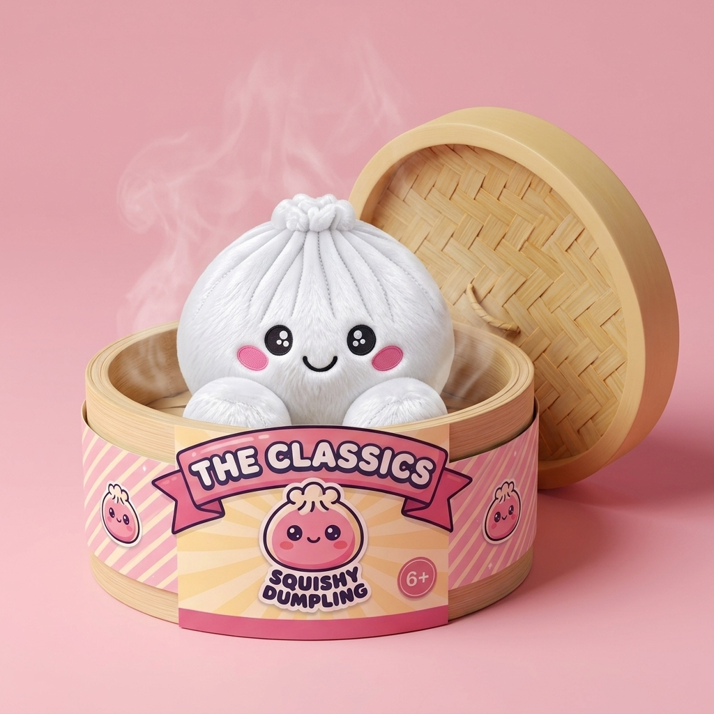Squishy Dumpling Plush Vit i sin bambu-ångkorg
