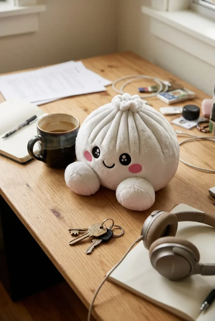 Squishy Dumpling Plush Vit på skrivbordet