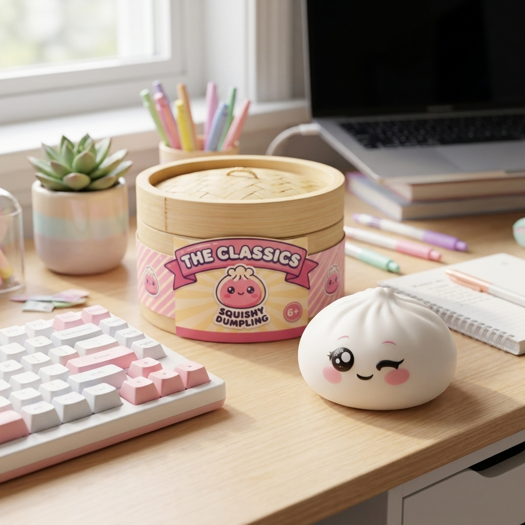 Squishy Dumpling Vit Blinkning i sin kawaii-miljö