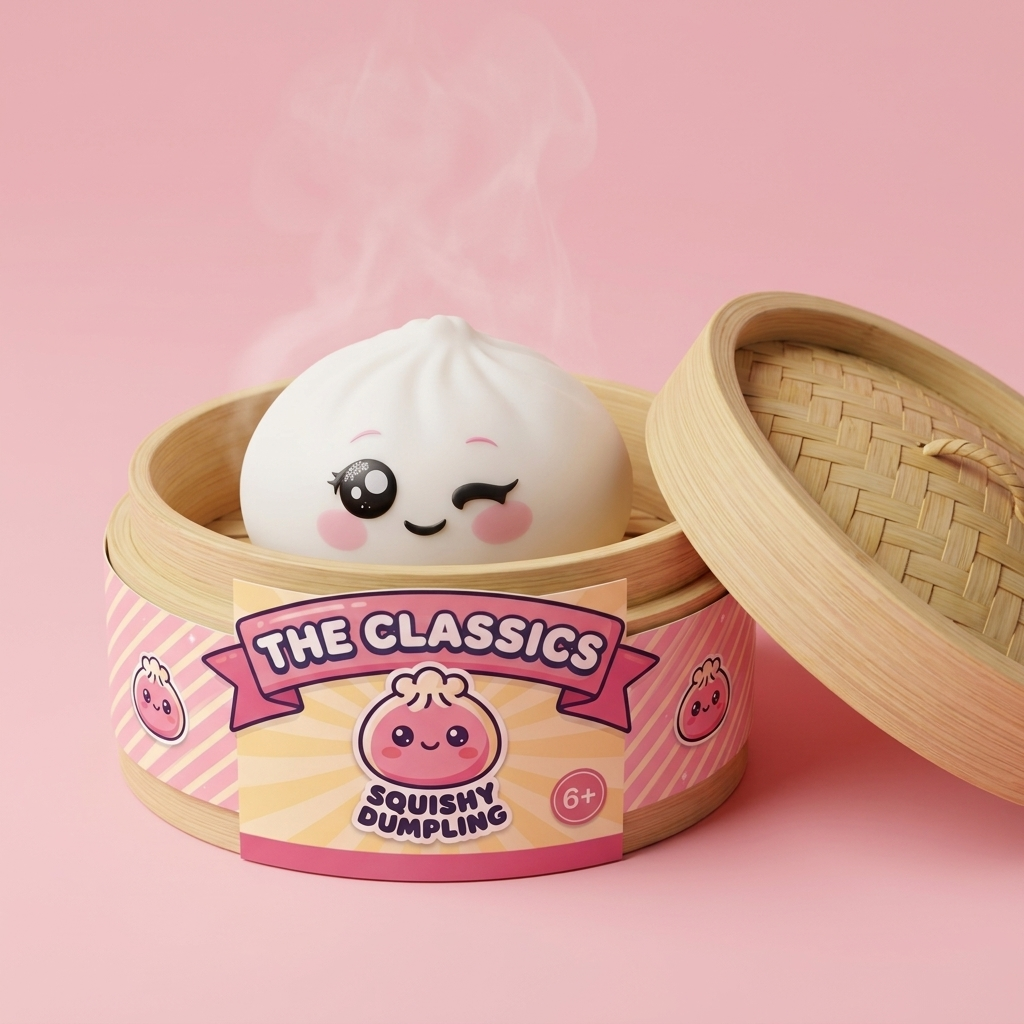 Squishy Dumpling Vit Blinkning i sin bambu-ångkorg