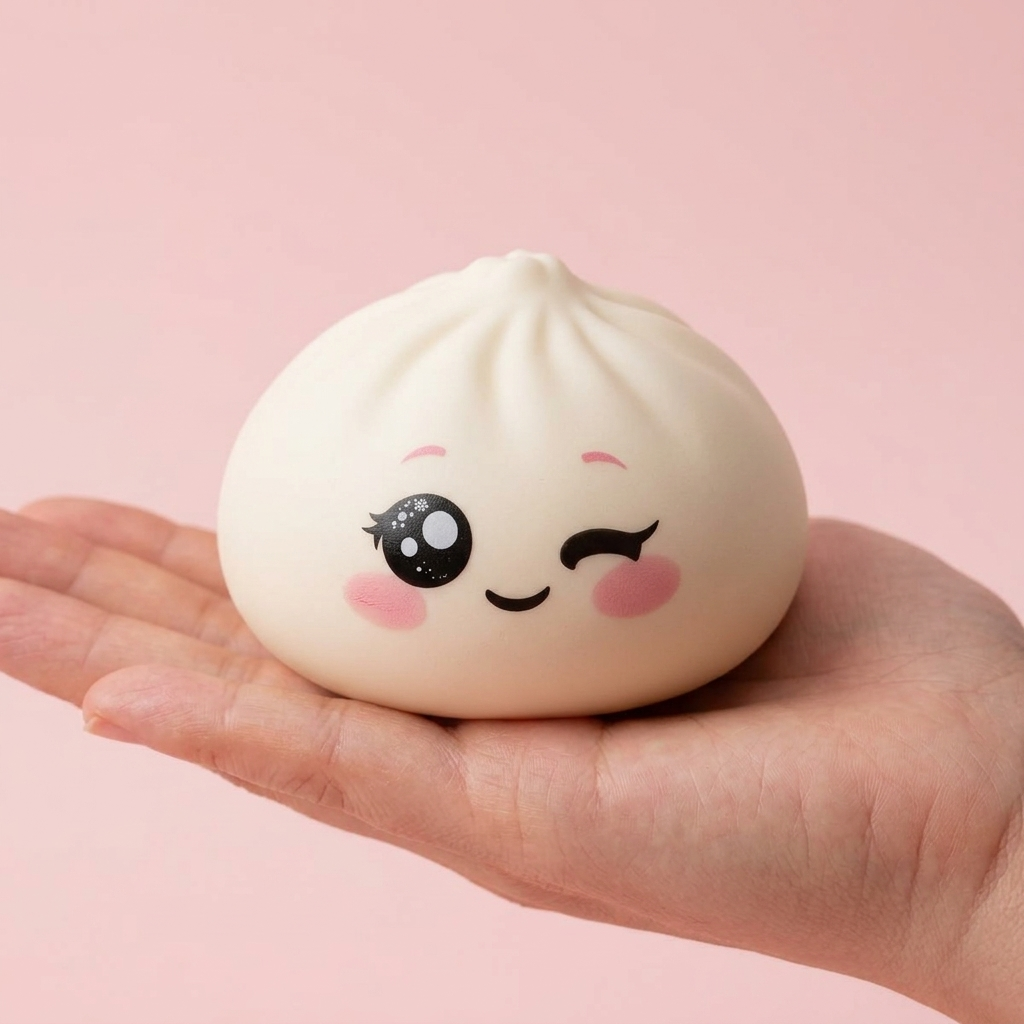 Squishy Dumpling Vit Blinkning i handen, verklig storlek