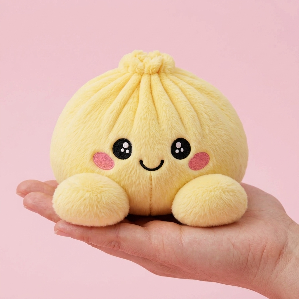 Dumpling Squishy Citrongul i handen, verklig storlek