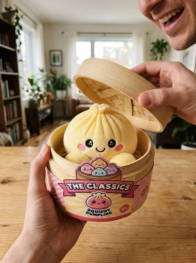 Dumpling Squishy Citrongul i unboxing-ögonblicket